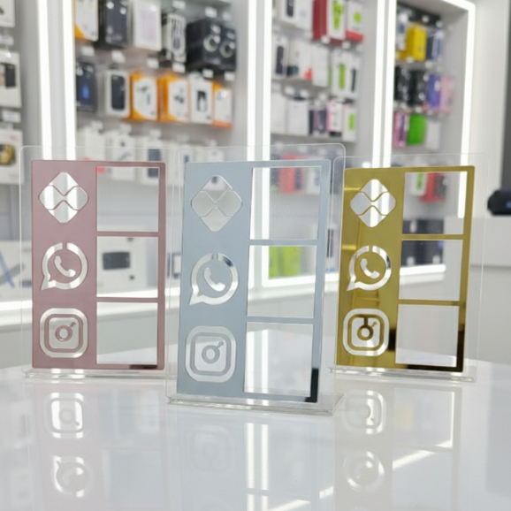 Display Placa Pix Display Acrílico PIX QR CODE Instagram Mesa Balcão Moderno Rose, Dourado e Prata