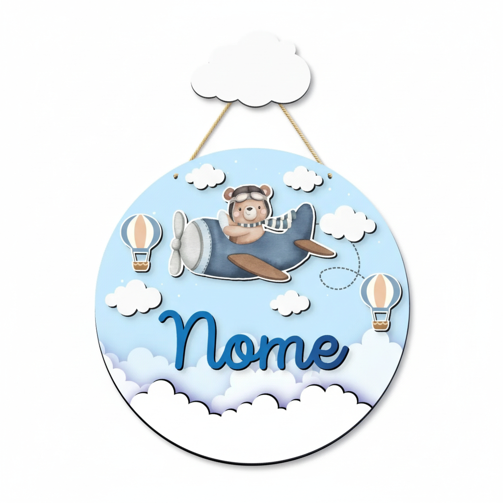 Enfeite Porta Maternidade Urso Aviador,Avião, Ursinho Nome Personalizado-Decoração para quarto