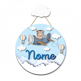 Enfeite Porta Maternidade Urso Aviador,Avião, Ursinho Nome Personalizado-Decoração para quarto