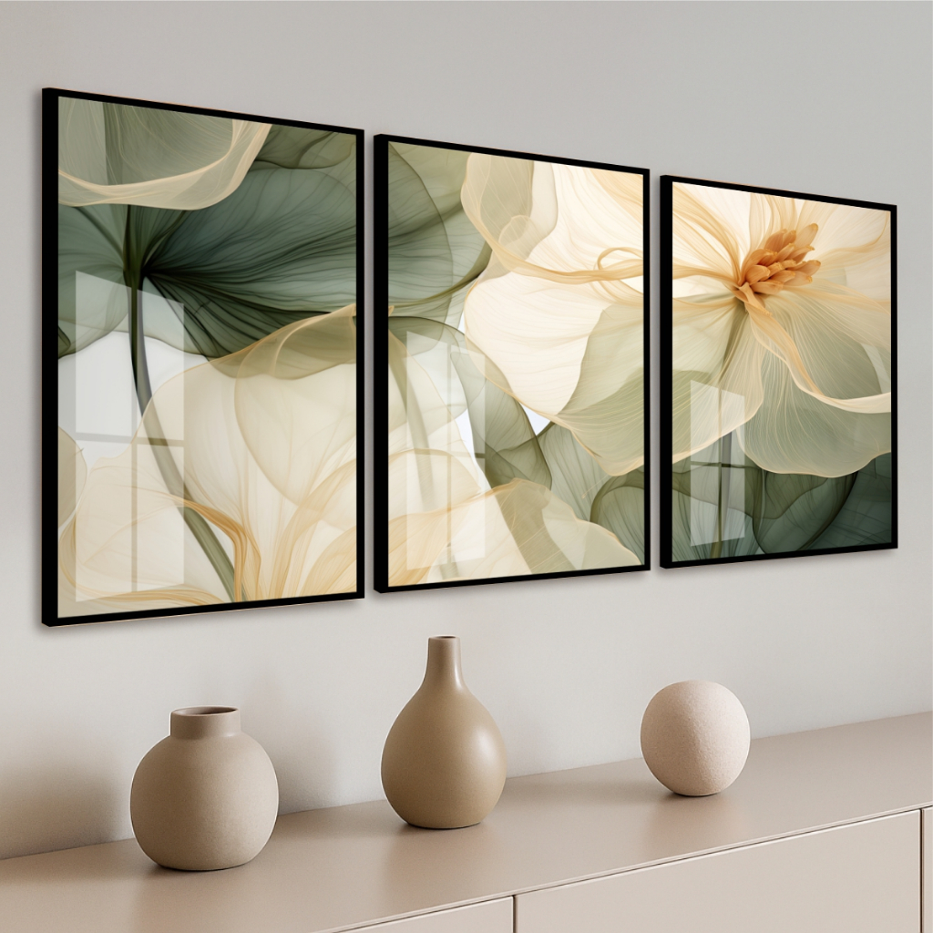 Quadro Moldura e Vidro Kit 3 Peças Grandes Flor Bege Verde Dourado Decoração Quarto Sala Escritório
