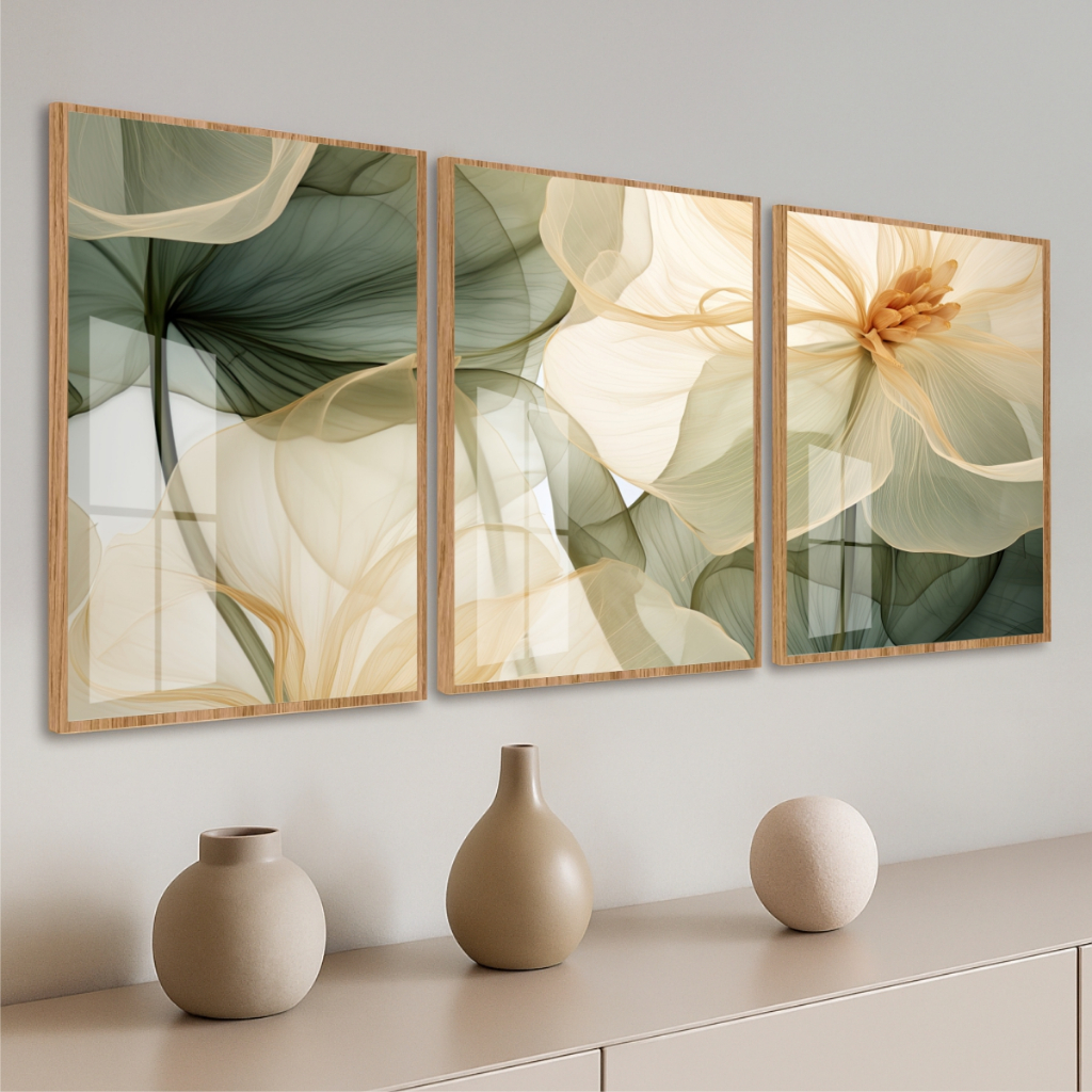 Quadro Moldura e Vidro Kit 3 Peças Grandes Flor Tons Verde Dourado Decoração Quarto Sala Escritório