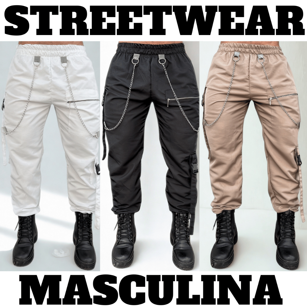 Calça Streetwear com Correntes Masculina Kpop Rock Punk e Dança Festa Única em Oferta na Shopee