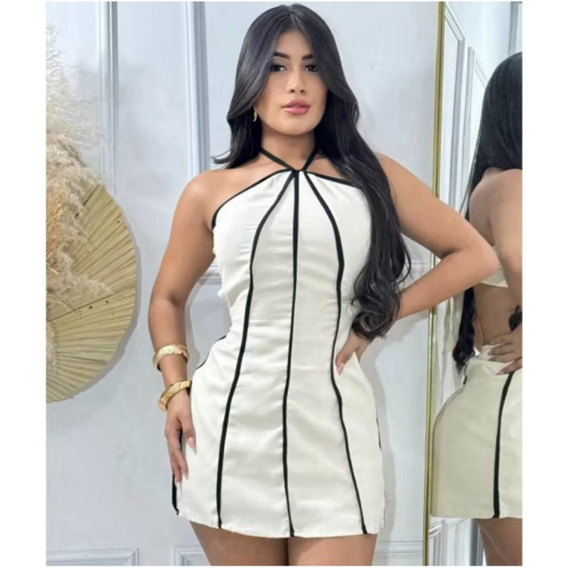 vestido macaquinho frente única com listras costa nua em Oferta na Shopee