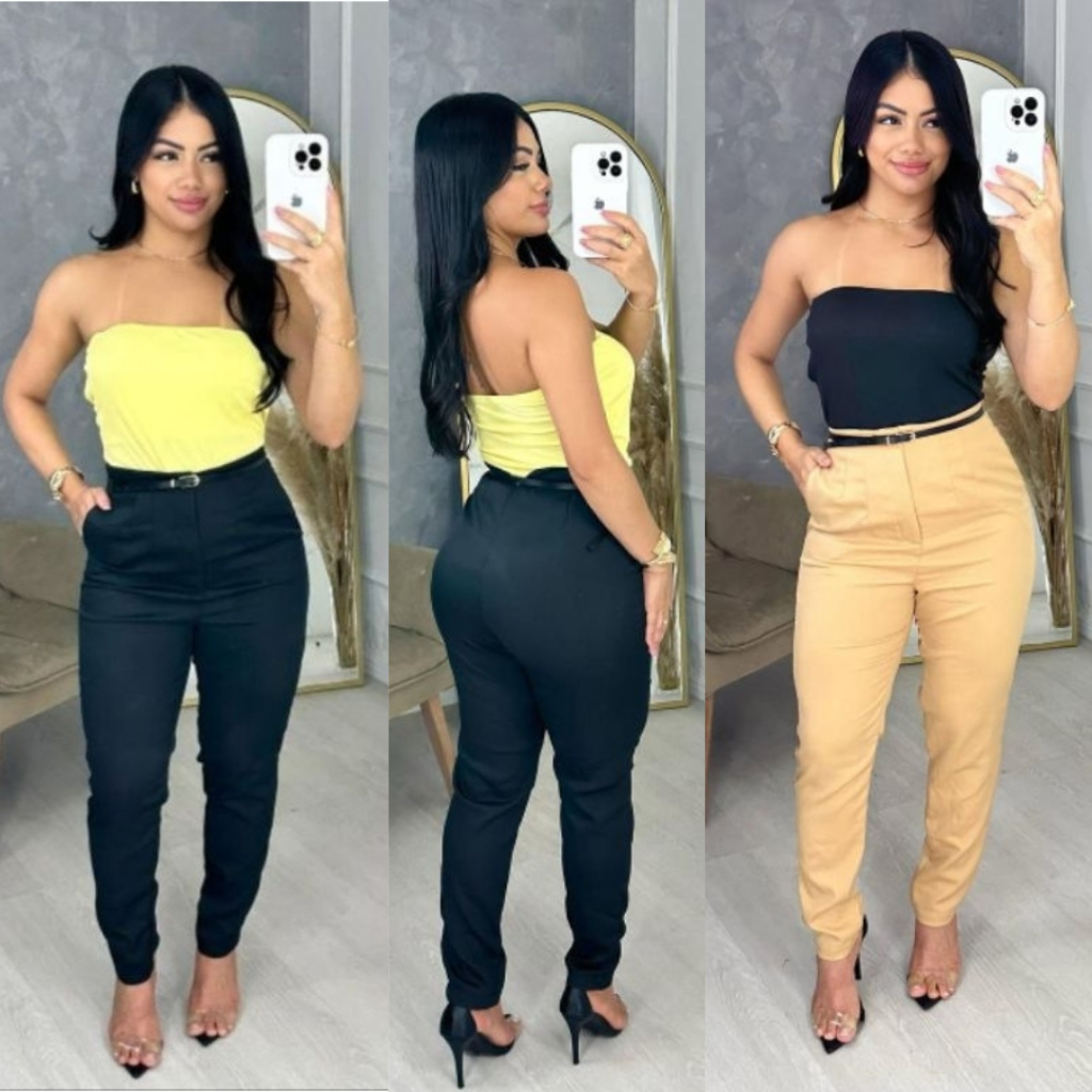 Calça Social Alfaiataria Feminina Com Cinto Cintura Alta e Zíper Na Lateral