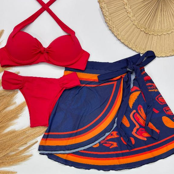kit trikini com top bojo calcinha bombom borboleta, saia envelope pareo curta natação saida de praia