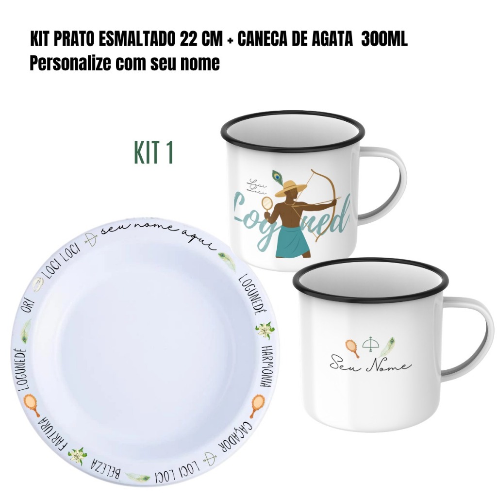 🪶 KIT CANECA DE ÁGATA + PRATO PERSONALIZADO DE LOGUNEDÉ | UMBANDA • CANDOMBLÉ • RELIGIÃO AFRO-BRASILEIRA