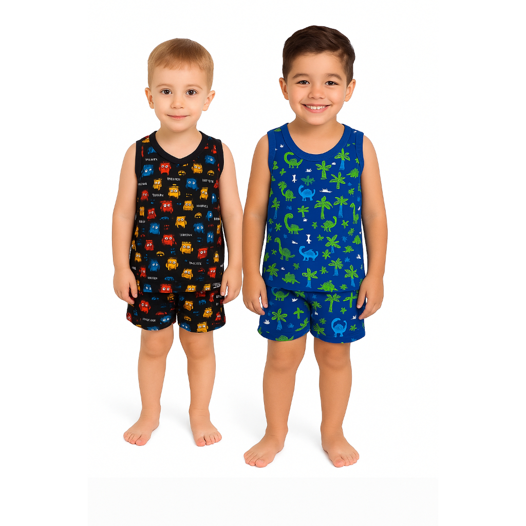 Pijama Regata masculino Menino e Menina 100% algodão verão confortável estampado 1 aos 14 anos