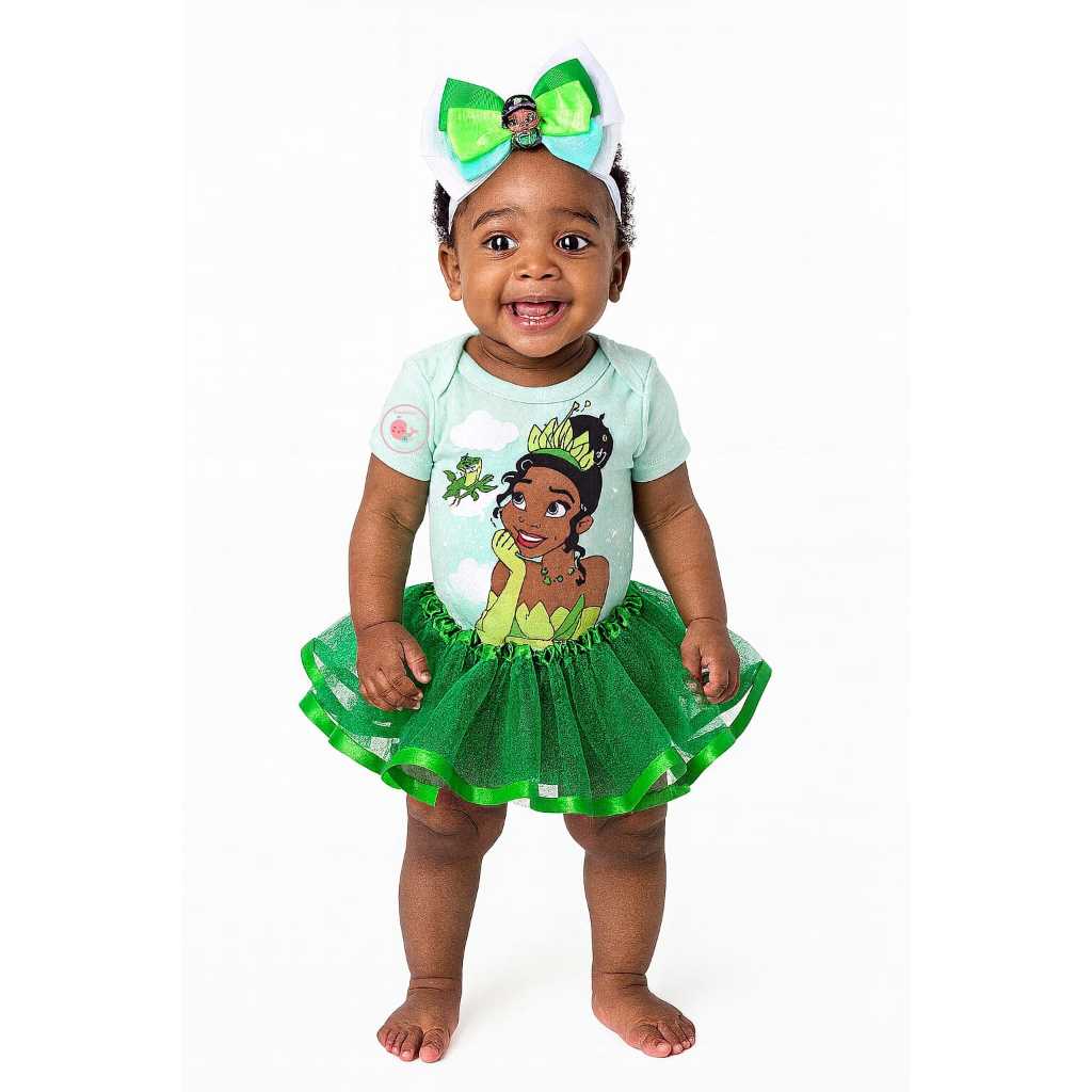 Body Princesa Tiana com Saia de Tule Fantasia Mesversário Bebê Menina Body Star Baby 100% Algodão