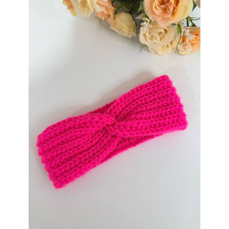 Faixa de Cabelo de Crochê Feminina Rosa Neon – Tiara Turbante Artesanal, Acessório de Inverno, Infantil