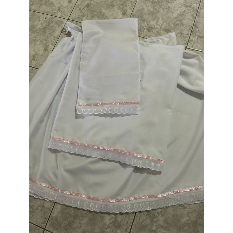 conjunto 3 peças saia Oxford umbanda e candomblé  bordado inglês fita rosa
