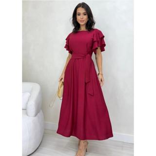 vestido longo manga bufante princesa midi babado com cinto moda elegante evangelica em Oferta na Shopee
