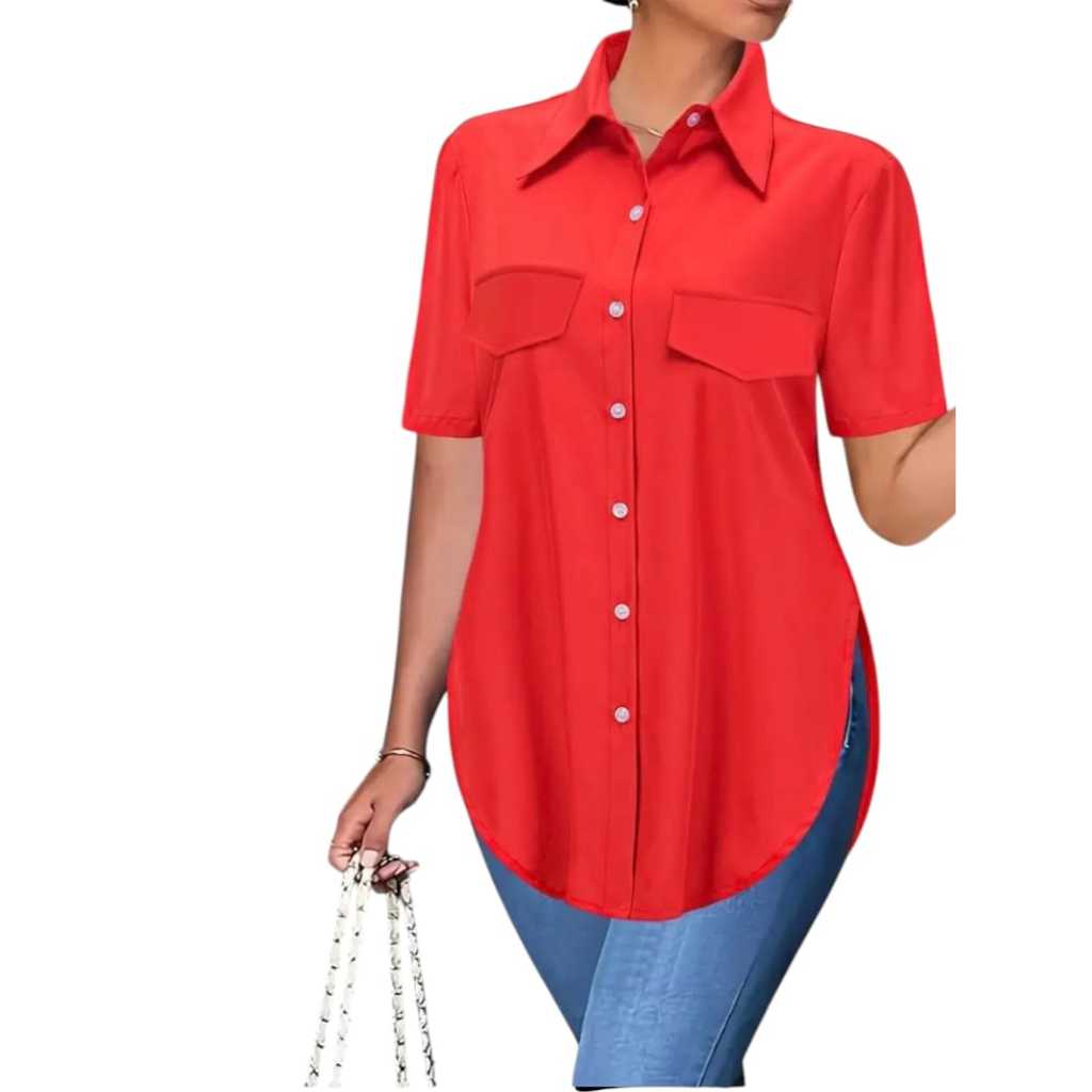 Camisa Social Casual Feminina Liso Manga Curta Moda Basica em Oferta na Shopee
