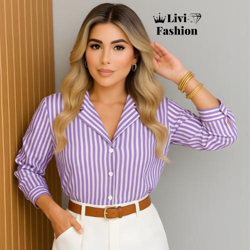 Camisa social feminina listrado manga longa preto