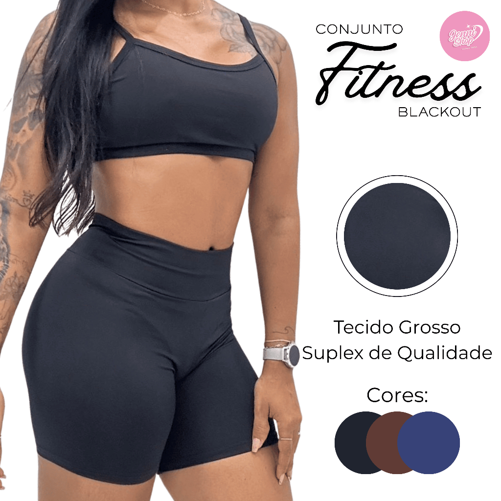 Conjunto Liso Academia Top Alça Fina Suplex Shorts Cintura Alta Conjunto Fitness Blackout
