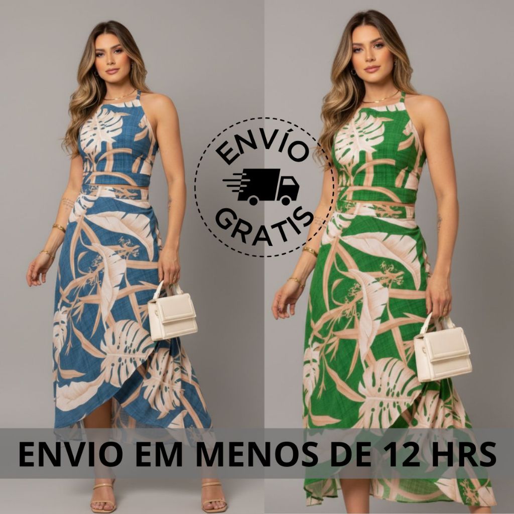 Conjunto Feminino Cropped e Alça Saia Longa Estampa Floral