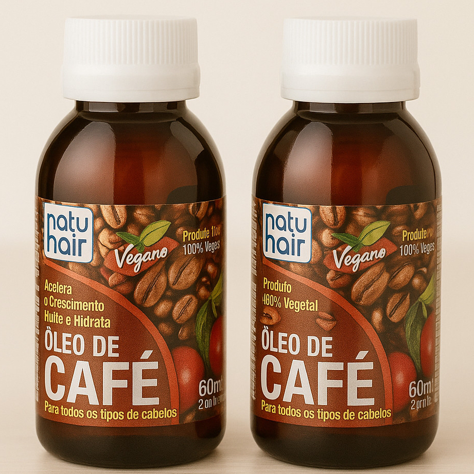 Duas embalagens de Óleo de Café Capilar Natuhair de 60ml, com rótulo marrom ilustrado com grãos de café, tampa branca e indicação de produto vegano.