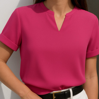 Blusa Feminina Detalhe em V Manga Dobrada Promoção Moda Social Trabalho em Oferta na Shopee