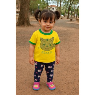 Camiseta Brasil Infantil Feminina Gatinho Brilhante Algodão Verde Amarelo em Oferta na Shopee
