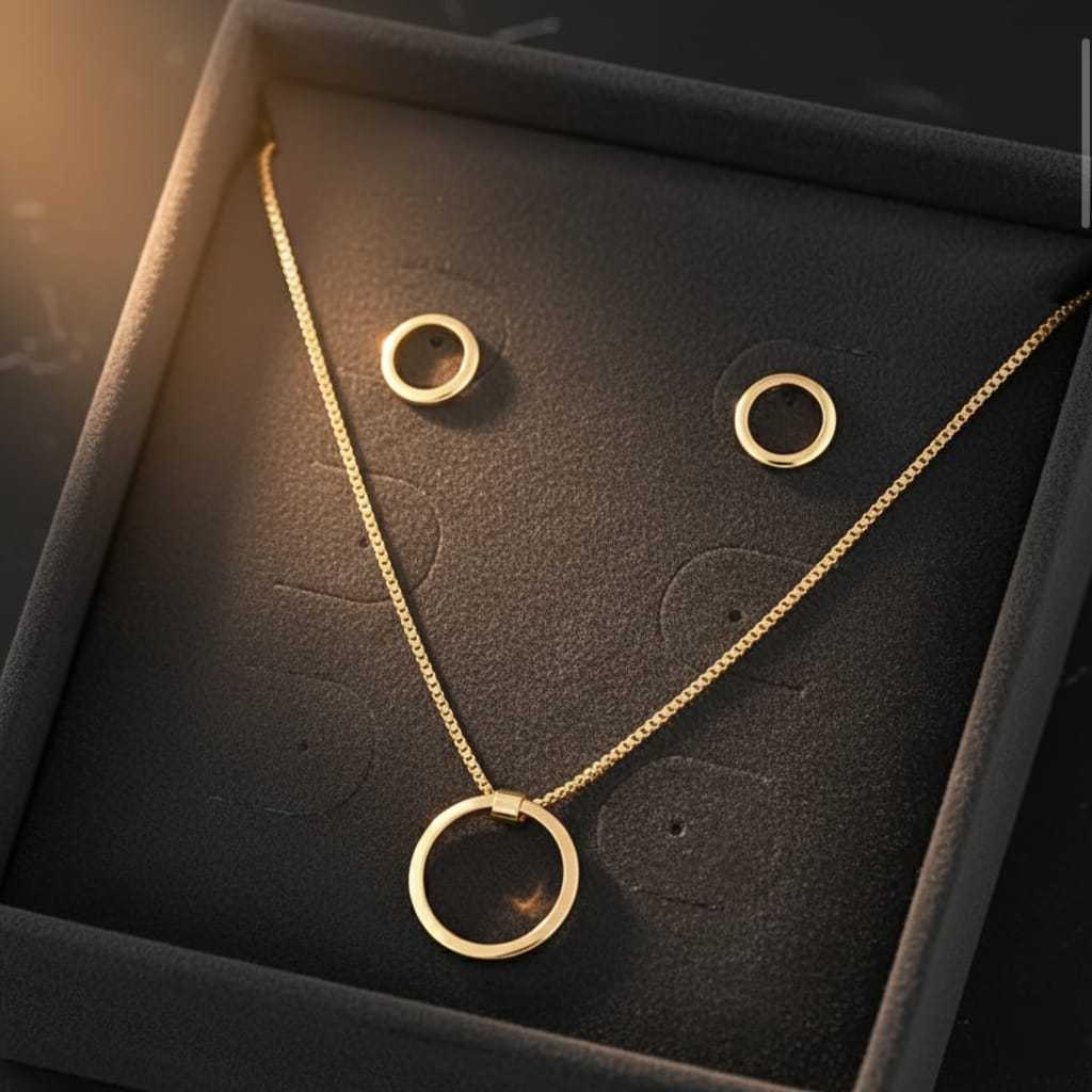 Kit Conjunto Colar 45cm e Brinco Esfera Vazada - Banho Ouro 18k Semijoia