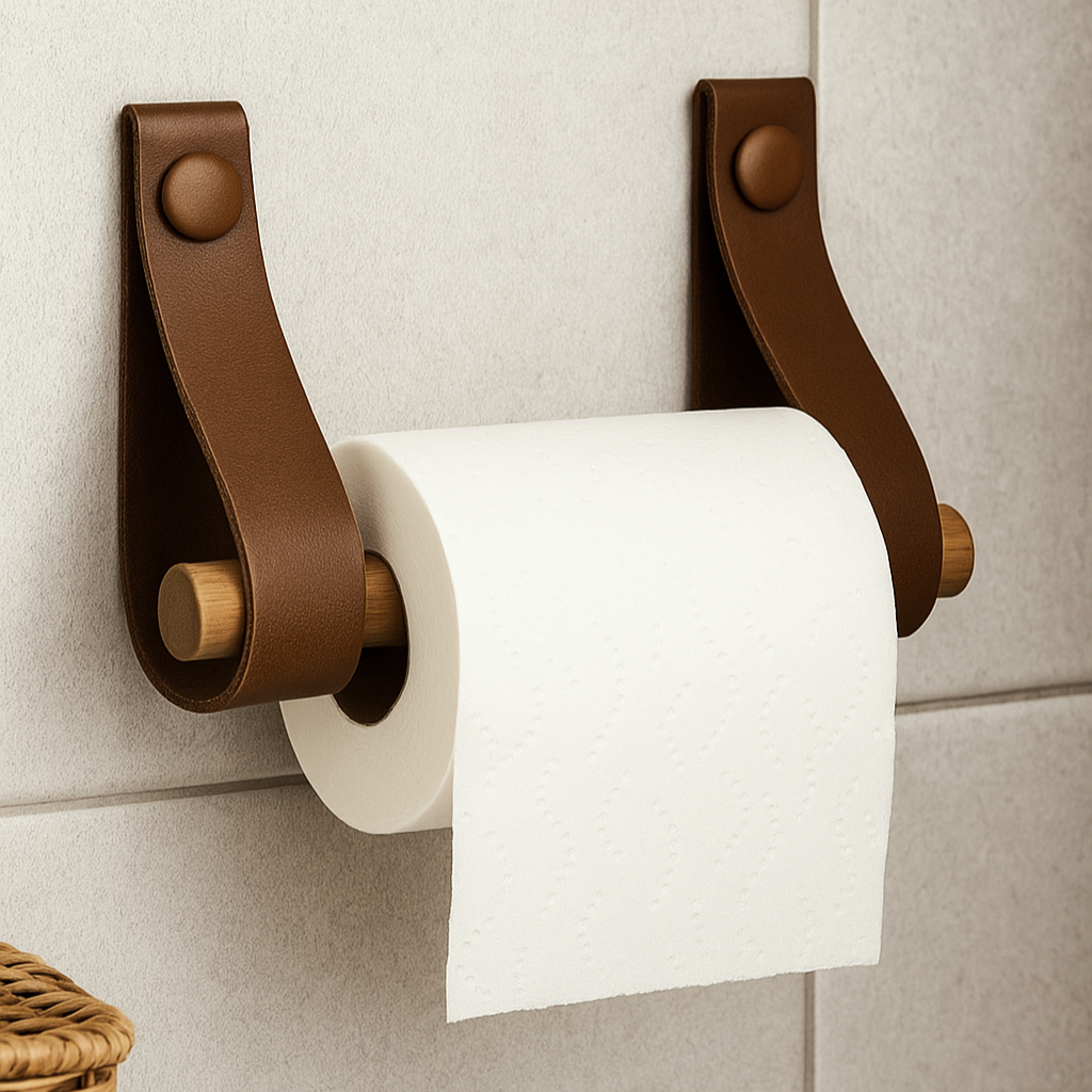 Suporte Porta Papel Higiênico Minimalista em Couro e Madeira - Caramelo Marrom e Preto