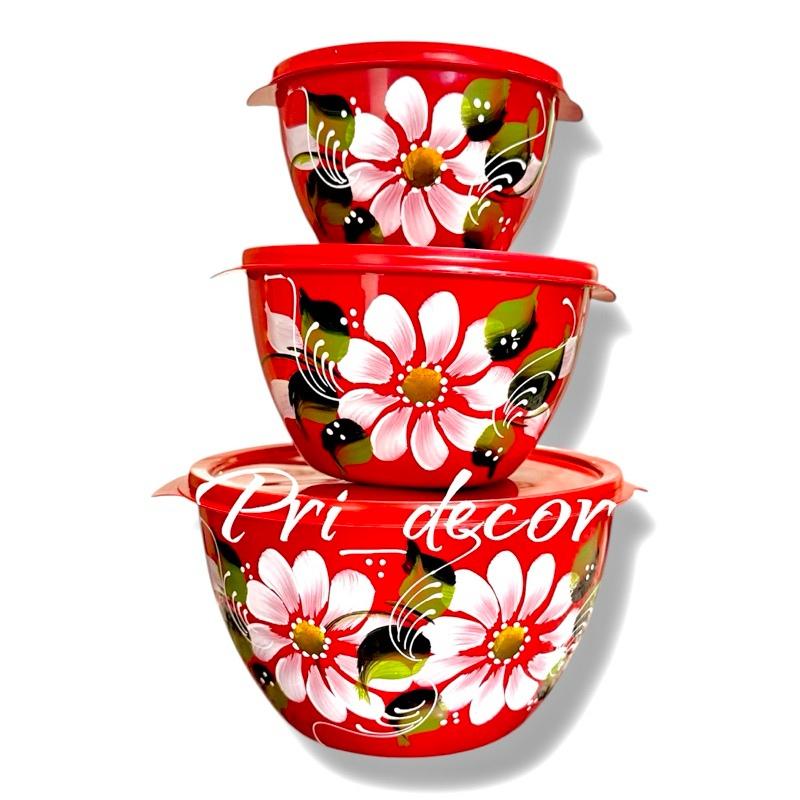 Jogo de vasilhas 3 peças com tampa decorado,vasilhas decorado a mão em Oferta na Shopee