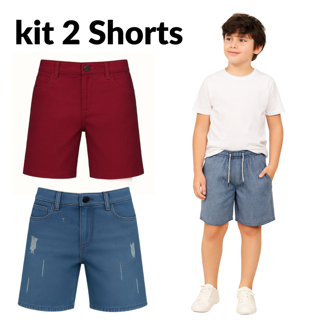 Kit 2 Short jeans Masculino infantil juvenil menino Bermuda Street Sarja