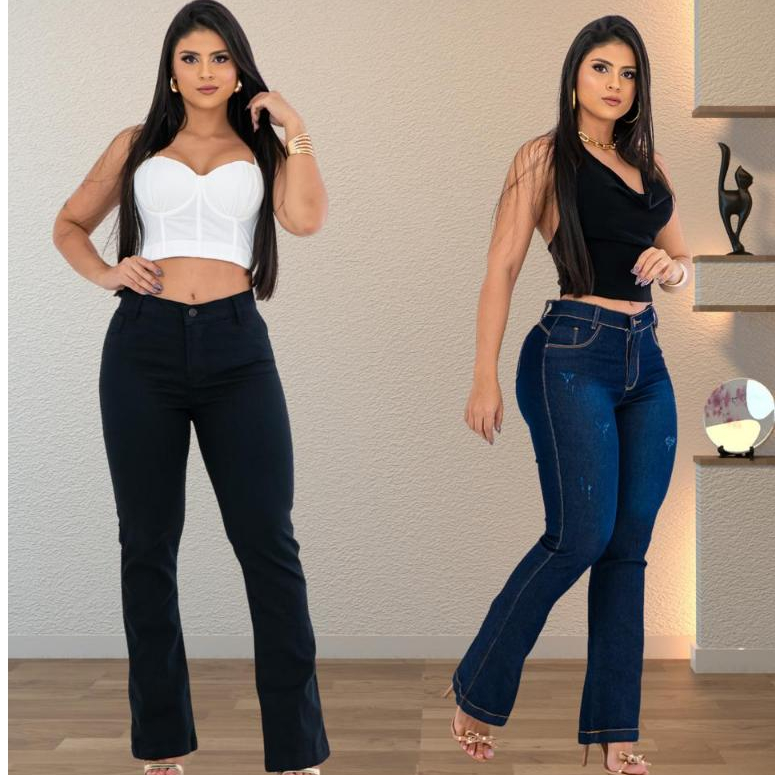 KIT 02 Calças Jeans Feminina Flare Cos Alto Levanta Bumbum Com Lycra Boca De Sino