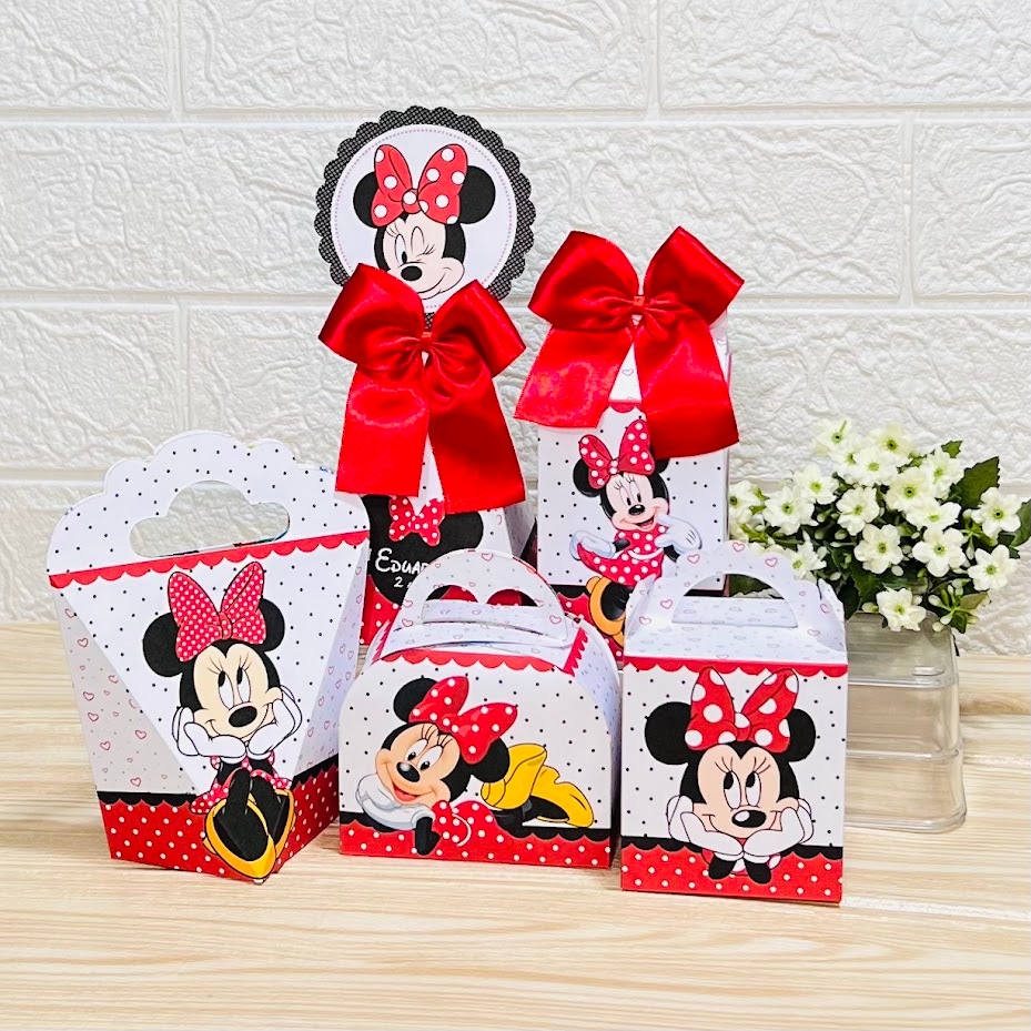 Kit Caixinhas Personalizadas Minnie Vermelha – Lembrancinhas Festa Infantil – Aniversário – Pirâmide, Milk, Maleta