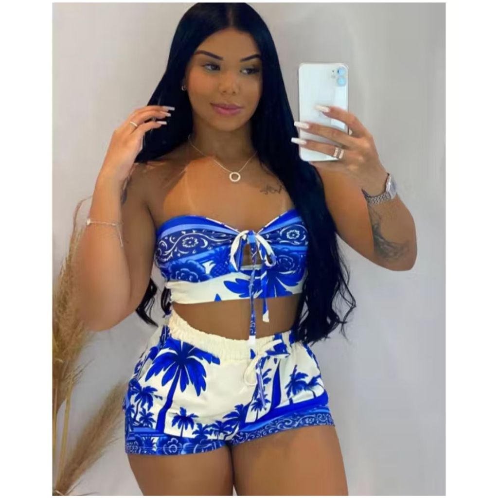 Conjunto Gabi - conjunto feminino estampado cropped amarração tomara que caia + short curto soltinho verão inspiração fa em Oferta na Shopee