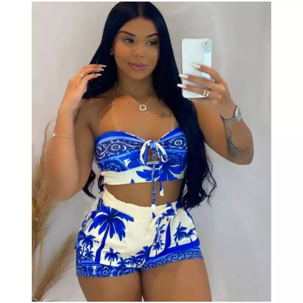 Conjunto Gabi - conjunto feminino estampado cropped amarração tomara que caia + short curto soltinho verão inspiração fa