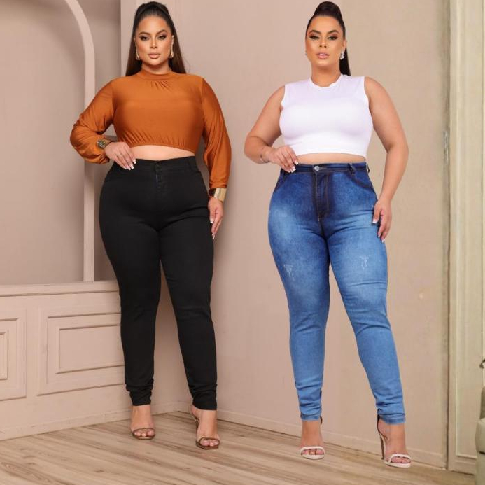KIT 02Calça Jeans Feminina Plus Size Cintura Alta Com Lycra Strech Elastano Premium  Empina Bumbum em Oferta na Shopee