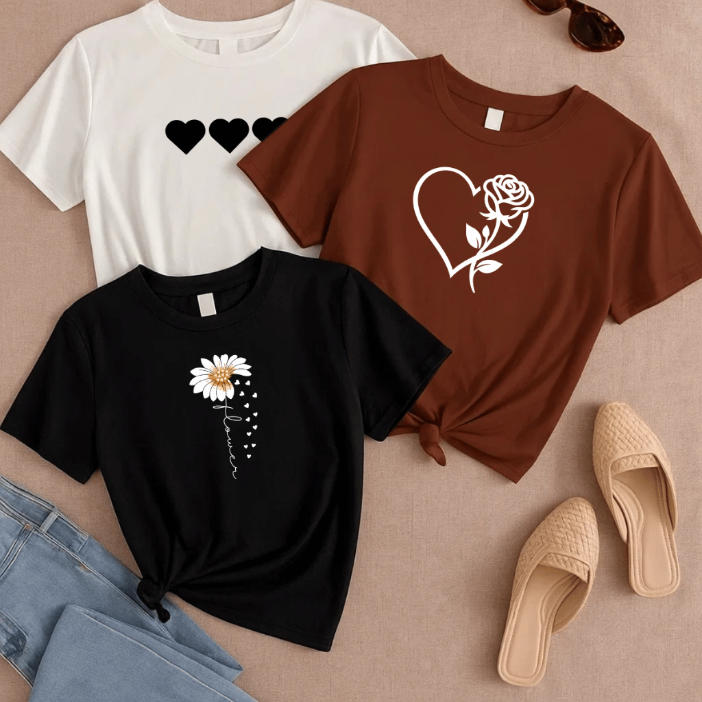 Kit 3 Camisetas Plus Size Feminina P ao G5 Estampada Academia Camisa Blusa 100% Algodão Treino Girassol Coração