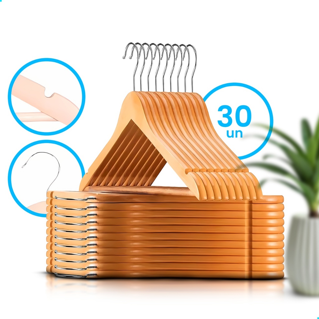 Cabide De Madeira Marfim Premium Para Roupas Calça Gancho Cromado em Oferta na Shopee