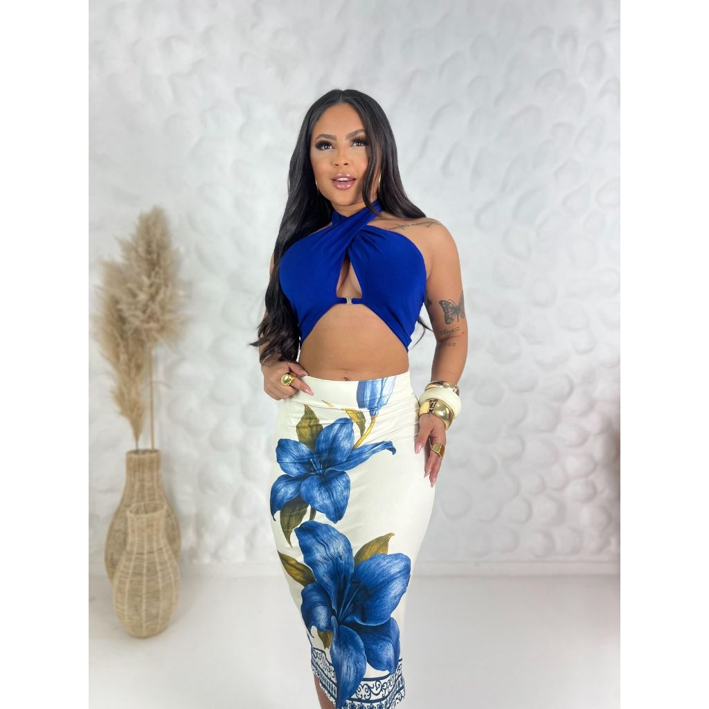 Conjunto Midi em Malha Suplex cropped fecho + saia midi Conjunto feminino estampado flores floral estampa inspiração fa