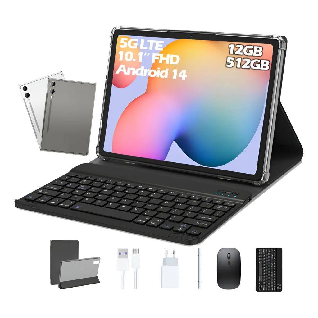 Tablet premium com teclado e mouse inclusos, configuração potente 12GB de RAM, 512GB de armazenamento e conectividade 5G