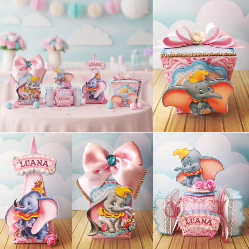 KIT MONTADO - kit personalizados DUMBO ROSA MENINA, lembrancinhas caixinhas mimos de aniversário festa infantil