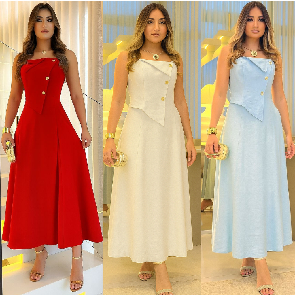 Vestido Longo Feminino Luxo Elegante Chic Casual Festa Ano  Novo Natal Vermelho Branco Verão 2025 em Oferta na Shopee