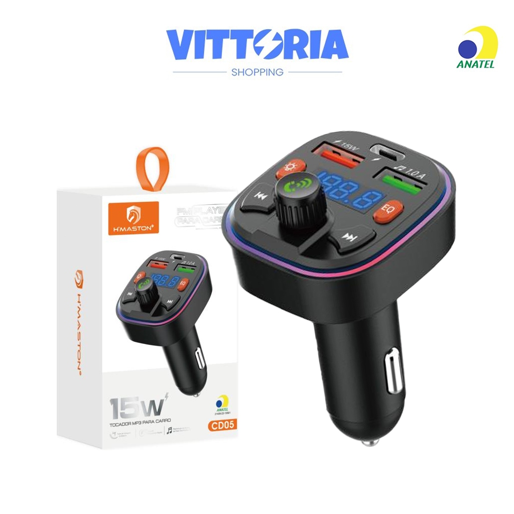 H'maston CD05 Adaptador FM Veicular Carregador Veicular QC3.0 Bluetooth 5.0 Player MP3 Estéreo
