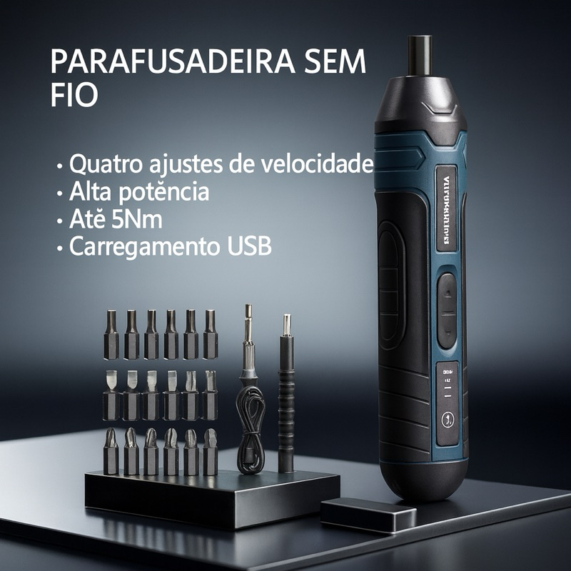 Parafusadeira Elétrica Recarregável com LED + Kit de Pontas 4 Velocidades 1300mAh USB – Preta e Azul em Oferta na Shopee
