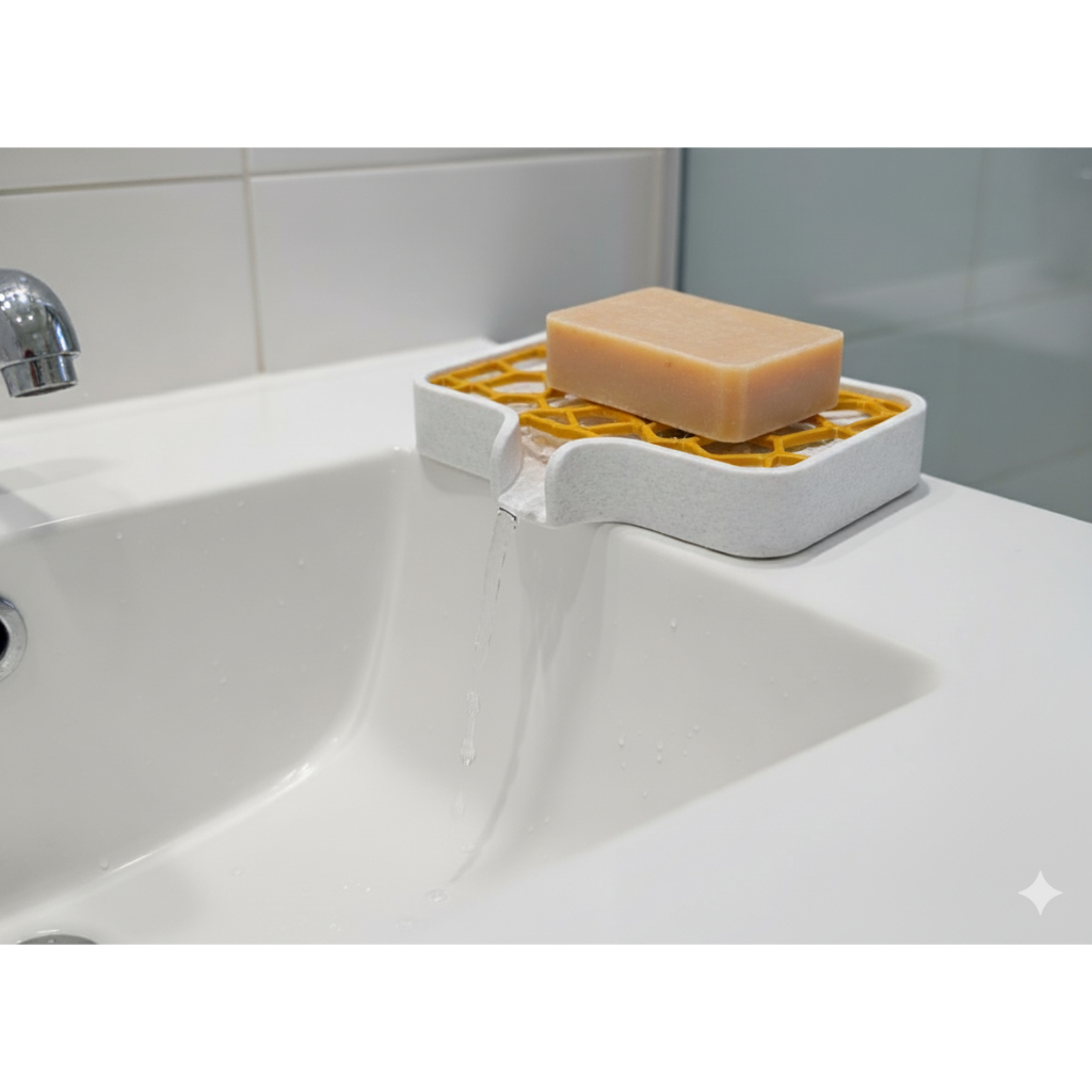 Saboneteira com Drenagem - Design Elegante - Durabilidade e Charme Granito e Dourado Plástico PLA 3D