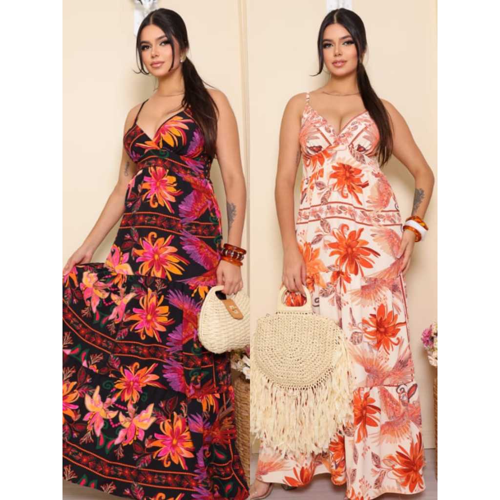 Vestido Longo Floral Feminino Verão com Bojo e Alças Finas  Estilo Tropical e Leve para o Dia a Dia em Oferta na Shopee