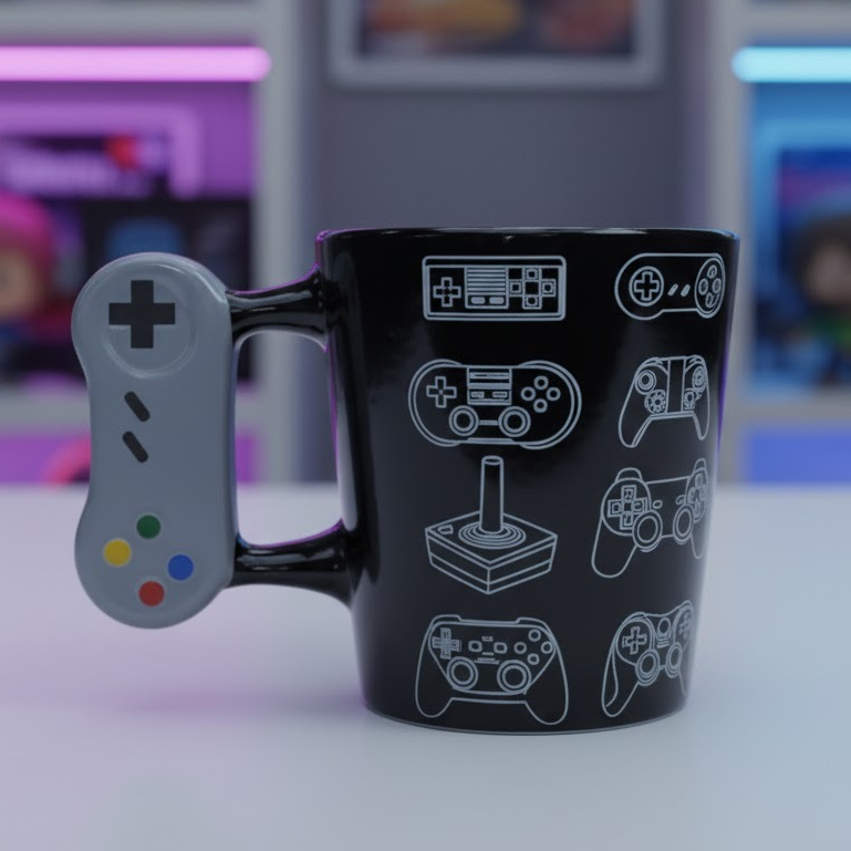 Caneca Gamer Geek Preta Joystick 3D 8 Controles Porcelana 350ml