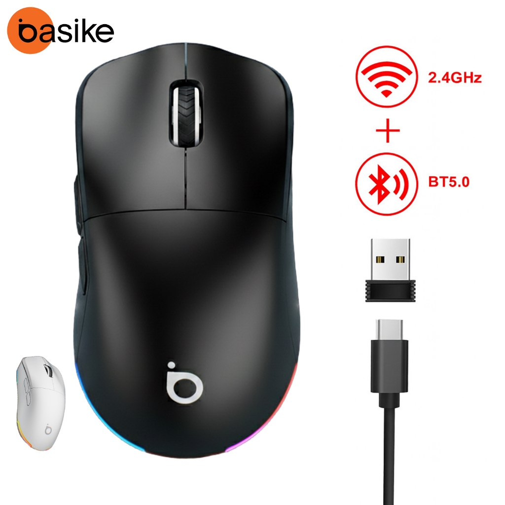 Basike Mouse Gamer Sem Fio Três Modos 2.4GHz + Bluetooth 5.1 Cabo USB 12000DPI RGB Recarregável Mice Jogos PC Ba-MOU338