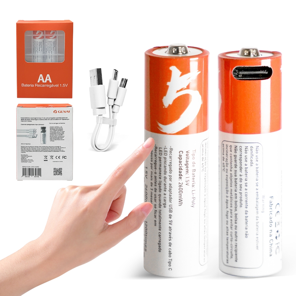 Kit 2/4 Pilhas AA Recarregável 750mwh Genai Tipo C 1.5v 5v 2600mWh em Oferta na Shopee