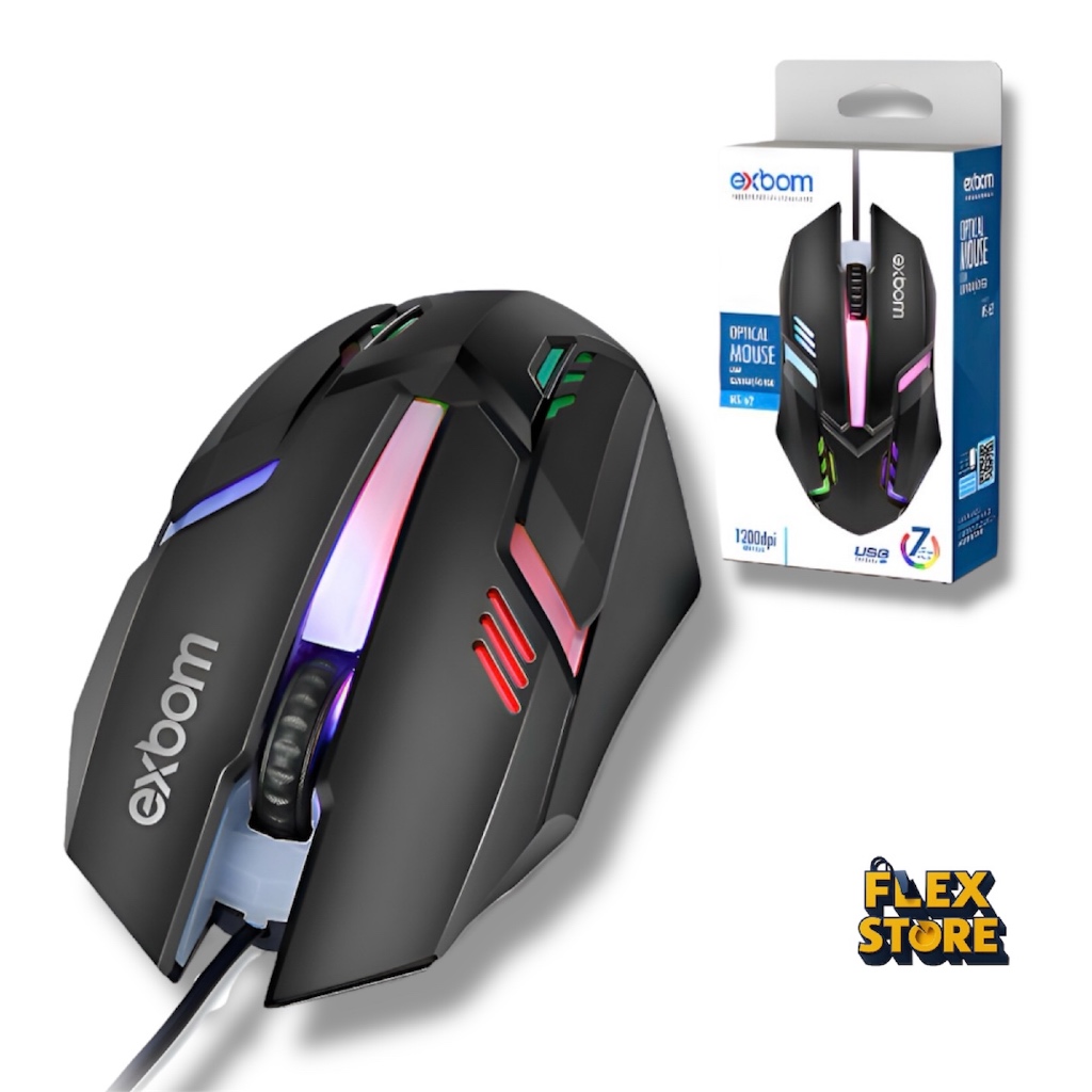 Mouse Óptico Gamer Exbom MS-62 com Fio USB 1200 DPI Iluminação RGB 7 Cores Ergonômico para PC e Notebook