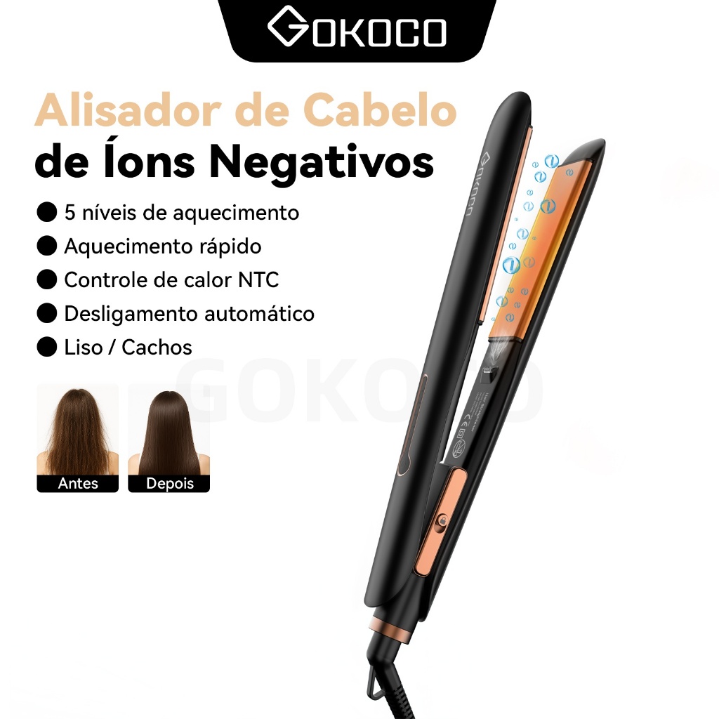 GOKOCO Alisador De Cabelo De lons Negativos Desligamento Automático Aquecimento Rápido Controle De Calor NTC Liso/Cachos em Oferta na Shopee
