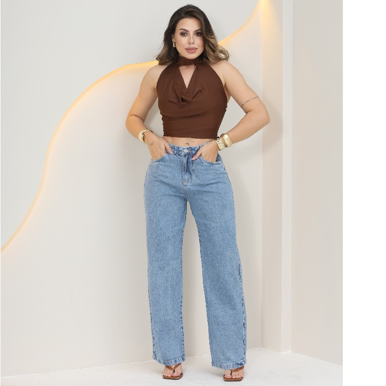 Calça Jeans Wide Leg Feminina Pantalona 100% Jeans Tecido Grosso
