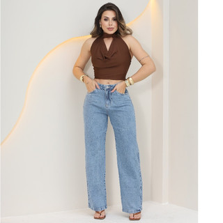 Calça Jeans Wide Leg Feminina Pantalona 100% Jeans Tecido Grosso