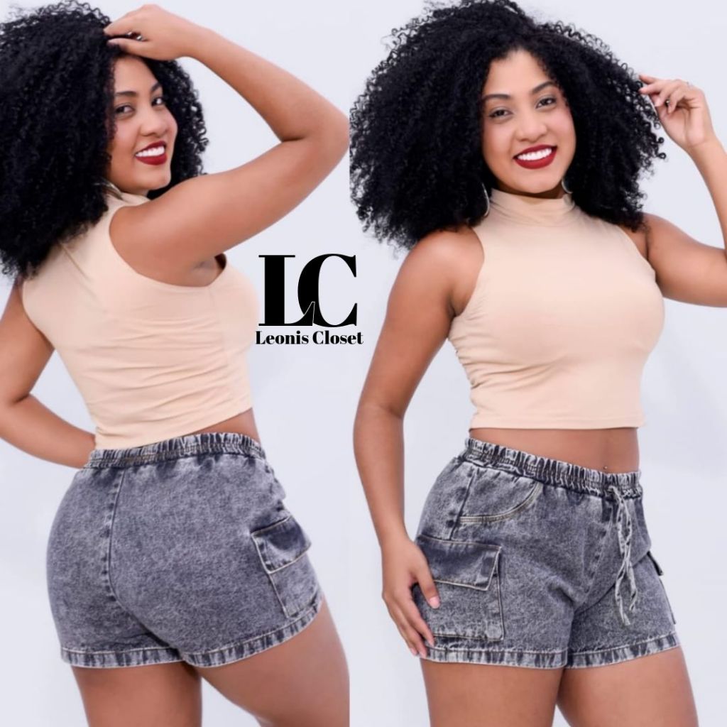 Short Jeans Feminino Cargo Cintura Alta com Elástico Conforto em Oferta na Shopee