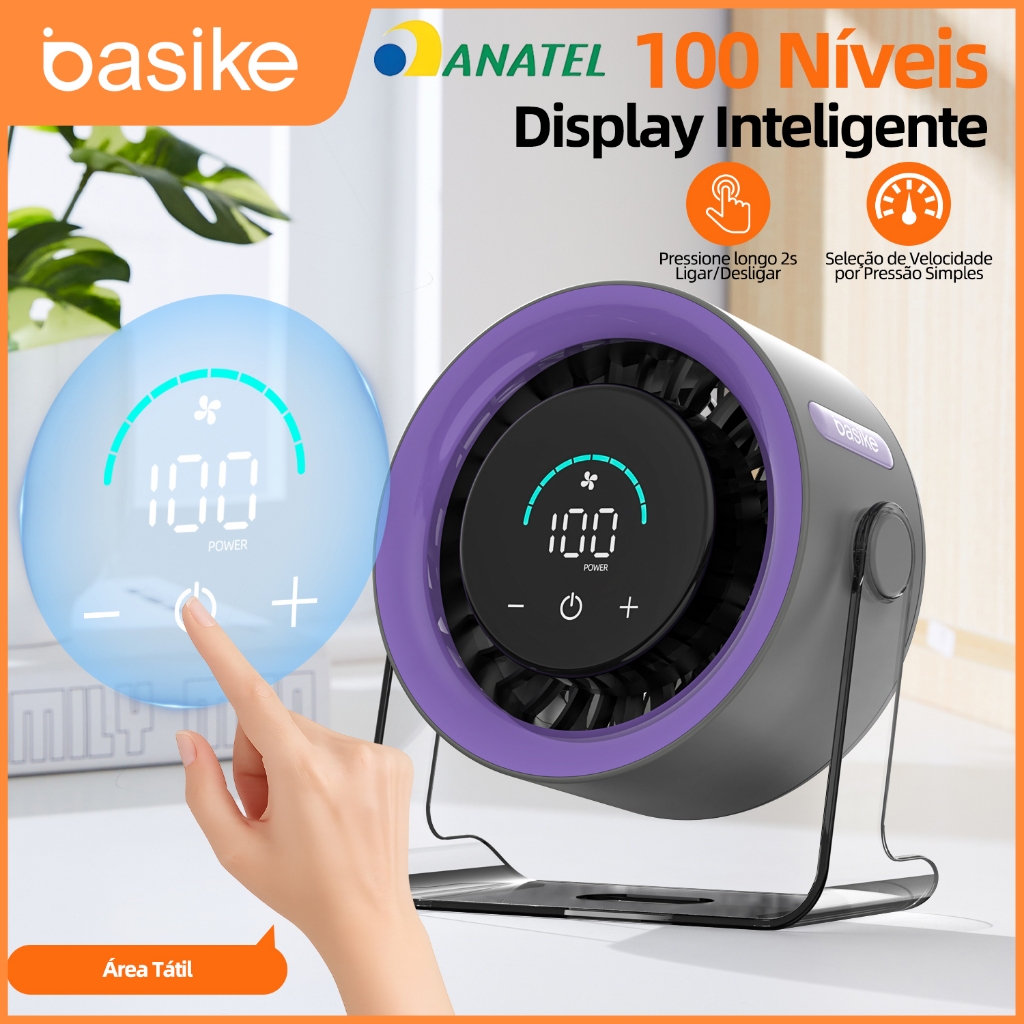 BASIKE Ventilador Mesa 100 Níveis Display Digital 5000mAh Bateria 7H Silencioso 30dB USB em Oferta na Shopee